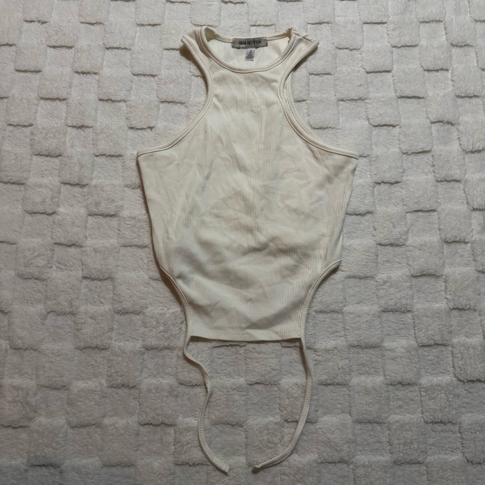 Urban Outfitters Cream Ribbed Sleeveless Racerback Tank Top, Tie Waist, Medium